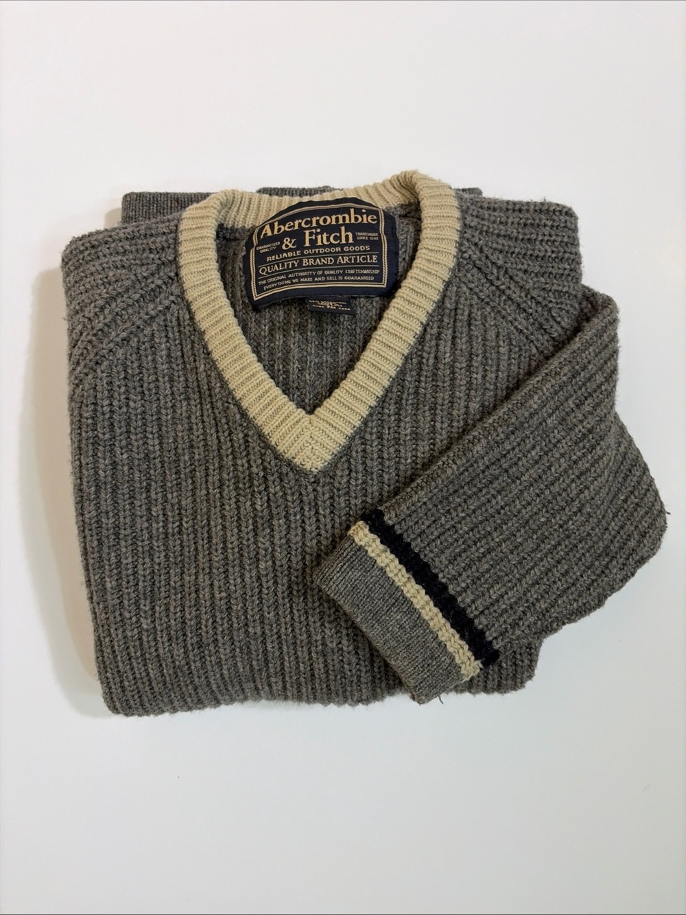 Vintage Abercrombie & Fitch Gray V-Neck Sweater with Cream Trim and Black Stripe